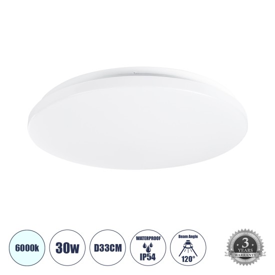 CELANO 61008 LED Πλαφονιέρα Οροφής Στρόγγυλη Φ33 30W 3000lm 120° AC 220-240V Αδιάβροχη IP54 Φ33 x Υ6cm Ψυχρό Λευκό 6000K - 3 Χρόνια Εγγύηση