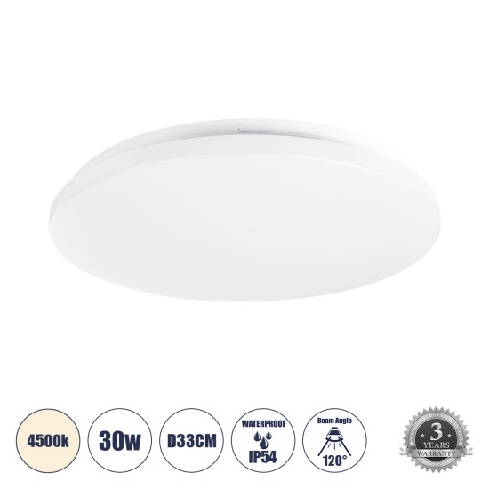 CELANO 61009 LED Πλαφονιέρα Οροφής Στρόγγυλη Φ33 30W 2850lm 120° AC 220-240V Αδιάβροχη IP54 Φ33 x Υ6cm Φυσικό Λευκό 4500K - 3 Χρόνια Εγγύηση