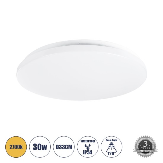 CELANO 61010 LED Πλαφονιέρα Οροφής Στρόγγυλη Φ33 30W 2700lm 120° AC 220-240V Αδιάβροχη IP54 Φ33 x Υ6cm Θερμό Λευκό 2700K - 3 Χρόνια Εγγύηση