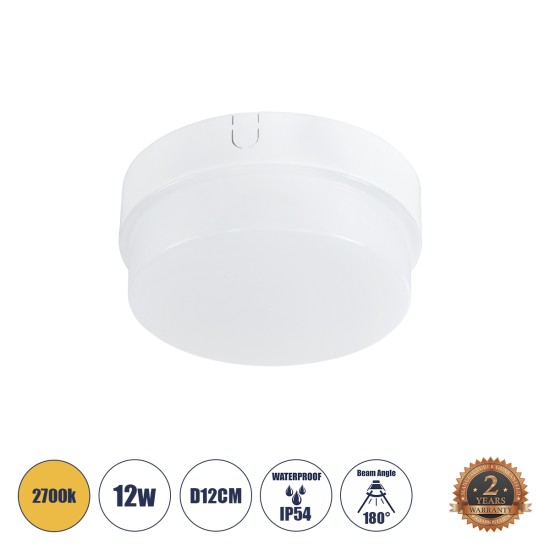 REVANO 61013 LED Πλαφονιέρα Οροφής Στρόγγυλη Φ12 12W 1080lm 180° AC 220-240V Αδιάβροχη IP54 Φ12 x Υ4.5cm Θερμό Λευκό 2700K - 2 Χρόνια Εγγύηση