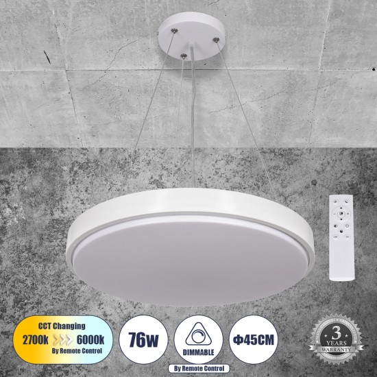 CASPER 61018 Κρεμαστή Πλαφονιέρα Οροφής LED CCT 76W 8372lm 120° AC 220-240V - Εναλλαγή Φωτισμού μέσω Τηλεχειριστηρίου All In One Ψυχρό Λευκό 6000k+Φυσικό Λευκό 4500k+Θερμό Λευκό 2700k Dimmable Φ45cm - Λευκό - 3 Years Warranty