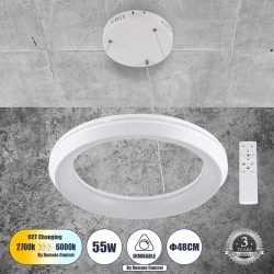 MELINA 61044 Κρεμαστή Πλαφονιέρα Οροφής Κύκλος LED CCT 55W 6376lm 120° AC 220-240V - Εναλλαγή Φωτισμού μέσω Τηλεχειριστηρίου All In One Ψυχρό Λευκό 6000k+Φυσικό Λευκό 4500k+Θερμό Λευκό 2700k Dimmable Φ48cm - Λευκό - 3 Years Warranty