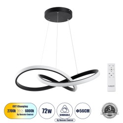 DEXTER 61049 Κρεμαστό Φωτιστικό Οροφής Design LED CCT 72W 8064lm 300° AC 220-240V - Εναλλαγή Φωτισμού μέσω Τηλεχειριστηρίου All In One Ψυχρό 6000k+Φυσικό 4500k+Θερμό 2700k Dimmable Φ56cm - Μαύρο - 3 Years Warranty