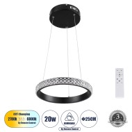 DIAMOND 61126 Κρεμαστό Φωτιστικό Δαχτυλίδι-Κύκλος LED CCT 20W 2356lm 360° AC 220-240V - Εναλλαγή Φωτισμού μέσω Τηλεχειριστηρίου All In One Ψυχρό 6000k+Φυσικό 4500k+Θερμό 2700k Dimmable Φ25cm - Μαύρο - 3 Years Warranty