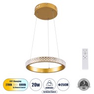 DIAMOND 61127 Κρεμαστό Φωτιστικό Δαχτυλίδι-Κύκλος LED CCT 20W 2356lm 360° AC 220-240V - Εναλλαγή Φωτισμού μέσω Τηλεχειριστηρίου All In One Ψυχρό 6000k+Φυσικό 4500k+Θερμό 2700k Dimmable Φ25cm - Χρυσό Βούρτσας - 3 Years Warranty