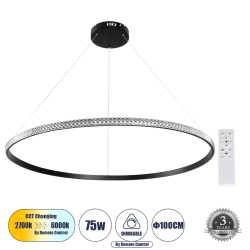 DIAMOND 61134 Κρεμαστό Φωτιστικό Δαχτυλίδι-Κύκλος LED CCT 75W 8743lm 360° AC 220-240V - Εναλλαγή Φωτισμού μέσω Τηλεχειριστηρίου All In One Ψυχρό 6000k+Φυσικό 4500k+Θερμό 2700k Dimmable Φ100cm - Μαύρο - 3 Years Warranty