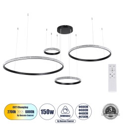 DIAMOND TETRA 61148 Κρεμαστό Φωτιστικό Δαχτυλίδι-Κύκλος LED CCT 150W 18379lm 360° AC 220-240V - Εναλλαγή Φωτισμού μέσω Τηλεχειριστηρίου All In One Ψυχρό 6000k+Φυσικό 4500k+Θερμό 2700k Dimmable Φ25+40+60+80cm - Μαύρο - 3 Years Warranty