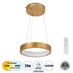 NEMESIS 61154 Κρεμαστό Φωτιστικό Δαχτυλίδι-Κύκλος LED CCT 20W 2356lm 360° AC 220-240V - Εναλλαγή Φωτισμού μέσω Τηλεχειριστηρίου All In One Ψυχρό 6000k+Φυσικό 4500k+Θερμό 2700k Dimmable Φ25cm - Χρυσό Βούρτσας - 3 Years Warranty