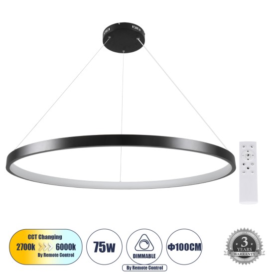 NEMESIS 61164 Κρεμαστό Φωτιστικό Δαχτυλίδι-Κύκλος LED CCT 75W 8743lm 360° AC 220-240V - Εναλλαγή Φωτισμού μέσω Τηλεχειριστηρίου All In One Ψυχρό 6000k+Φυσικό 4500k+Θερμό 2700k Dimmable Φ100cm - Μαύρο - 3 Years Warranty