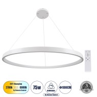 NEMESIS 61165 Κρεμαστό Φωτιστικό Δαχτυλίδι-Κύκλος LED CCT 75W 8743lm 360° AC 220-240V - Εναλλαγή Φωτισμού μέσω Τηλεχειριστηρίου All In One Ψυχρό 6000k+Φυσικό 4500k+Θερμό 2700k Dimmable Φ100cm - Λευκό - 3 Years Warranty