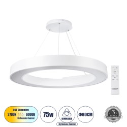 RA 61197 Κρεμαστό Φωτιστικό Δαχτυλίδι-Κύκλος LED CCT 75W 8250lm 120° AC 220-240V - Εναλλαγή Φωτισμού μέσω Τηλεχειριστηρίου All In One Ψυχρό 6000k+Φυσικό 4500k+Θερμό 2700k Dimmable Φ80cm - Λευκό - 3 Years Warranty