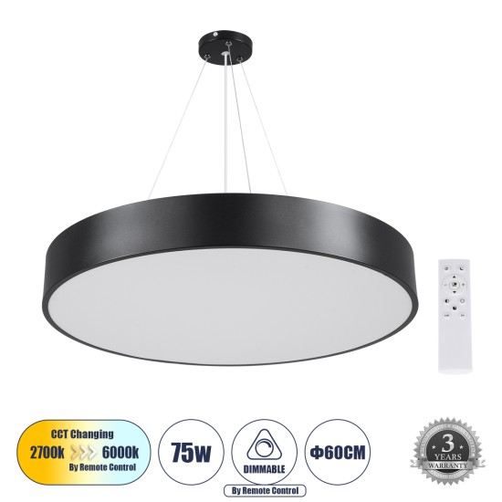 BURTON 61202-P Κρεμαστή Πλαφονιέρα Οροφής LED CCT 75W 8625lm 120° AC 220-240V - Εναλλαγή Φωτισμού μέσω Τηλεχειριστηρίου All In One Ψυχρό 6000k+Φυσικό 4500k+Θερμό 2700k Dimmable Φ60cm - Μαύρο - 3 Years Warranty