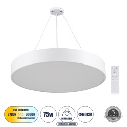 BURTON 61203-P Κρεμαστή Πλαφονιέρα Οροφής LED CCT 75W 8625lm 120° AC 220-240V - Εναλλαγή Φωτισμού μέσω Τηλεχειριστηρίου All In One Ψυχρό 6000k+Φυσικό 4500k+Θερμό 2700k Dimmable Φ60cm - Λευκό - 3 Years Warranty