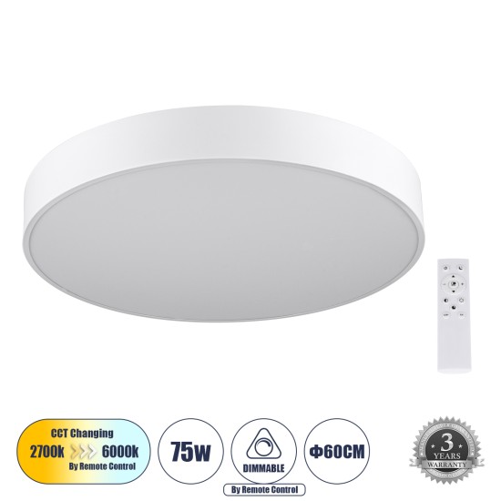 BURTON 61203-S Πλαφονιέρα Οροφής LED CCT 75W 8625lm 120° AC 220-240V - Εναλλαγή Φωτισμού μέσω Τηλεχειριστηρίου All In One Ψυχρό 6000k+Φυσικό 4500k+Θερμό 2700k Dimmable Φ60cm - Λευκό - 3 Years Warranty