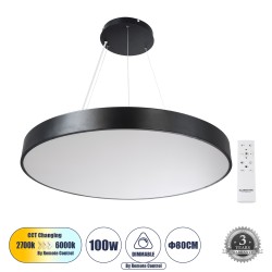 BURTON 61204-P Κρεμαστή Πλαφονιέρα Οροφής LED CCT 100W 11020lm 120° AC 220-240V - Εναλλαγή Φωτισμού μέσω Τηλεχειριστηρίου All In One Ψυχρό 6000k+Φυσικό 4500k+Θερμό 2700k Dimmable Φ80cm - Μαύρο - 3 Years Warranty