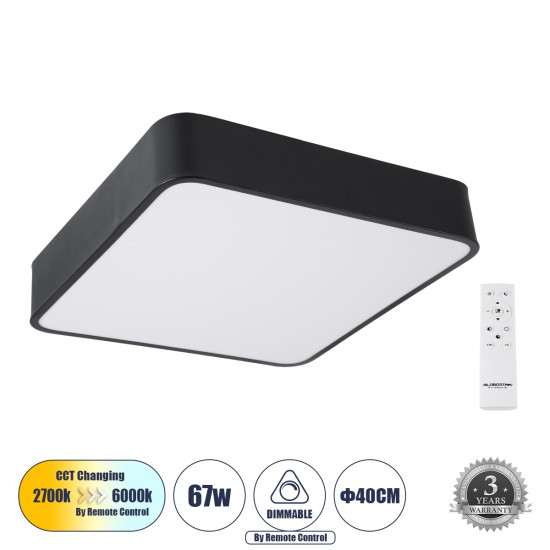 KAMALA 61206-S Πλαφονιέρα Οροφής LED CCT 67W 7370lm 120° AC 220-240V - Εναλλαγή Φωτισμού μέσω Τηλεχειριστηρίου All In One Ψυχρό 6000k+Φυσικό 4500k+Θερμό 2700k Dimmable Μ40 x Π40 x Υ8cm- Μαύρο - 3 Years Warranty