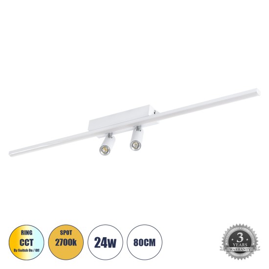 BARETTI 61227 Φωτιστικό Οροφής Linear Design LED CCT με Κινούμενα Σποτ LED Downlight 24W 2688lm 160° & 45° AC 220-240V IP20  - Εναλλαγή Φωτισμού μέσω Διακόπτη On/Off All In One Ψυχρό 6000k+Φυσικό 4500k+Θερμό 2700k - Μ80 x Π5.5 x Υ5 cm - Λευκό - 3 Χρόν