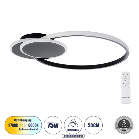 CIRCUO 61229 Φωτιστικό Οροφής Δαχτυλίδι-Κύκλος LED CCT 75W 8400lm 360° AC 220-240V - Εναλλαγή Φωτισμού μέσω Τηλεχειριστηρίου All In One Ψυχρό 6000k+Φυσικό 4500k+Θερμό 2700k Dimmable Μ53 x Π42.5 x Υ9cm - Μαύρο - 3 Years Warranty