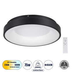 SALEM 61233 Πλαφονιέρα Οροφής Δαχτυλίδι-Κύκλος LED CCT 75W 8625lm 120° AC 220-240V - Εναλλαγή Φωτισμού μέσω Τηλεχειριστηρίου All In One Ψυχρό 6000k+Φυσικό 4500k+Θερμό 2700k Dimmable Φ45cm - Μαύρο - 3 Years Warranty