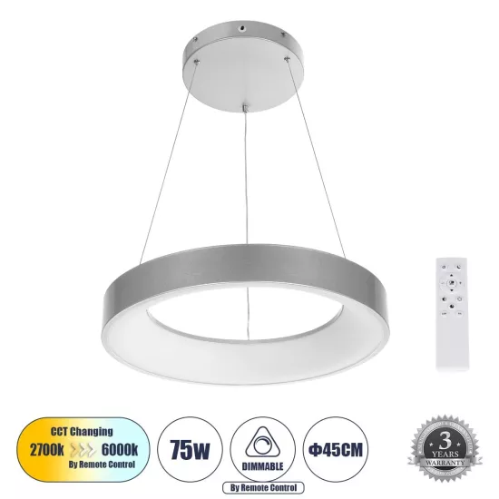 SALEM 61242 Μοντέρνο Κρεμαστό Φωτιστικό Οροφής LED 75W 8625lm 120° AC 220-240V IP20 Ρυθμιζόμενο Λευκό CCT με Χειριστήριο από 2700K έως 6000K Dimmable - Lumileds SMD Chip - Γκρι - Μ45 x Π45 x Υ7cm - 3 Χρόνια Εγγύηση