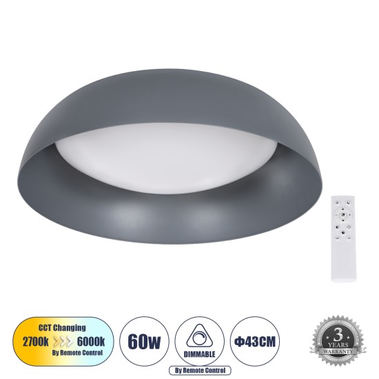 ANATOLIA 61262 Πλαφονιέρα Οροφής LED CCT 60W 6900lm 120° AC 220-240V - Εναλλαγή Φωτισμού μέσω Τηλεχειριστηρίου All In One Ψυχρό 6000k+Φυσικό 4500k+Θερμό 2700k Dimmable Φ43cm - Γκρι Ανθρακί - 3 Years Warranty