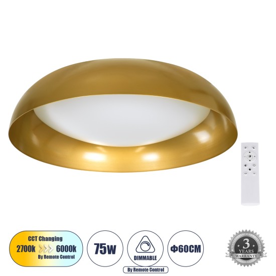 ANATOLIA 61266 Πλαφονιέρα Οροφής LED CCT 75W 8625lm 120° AC 220-240V - Εναλλαγή Φωτισμού μέσω Τηλεχειριστηρίου All In One Ψυχρό 6000k+Φυσικό 4500k+Θερμό 2700k Dimmable Φ60cm - Χρυσό - 3 Years Warranty