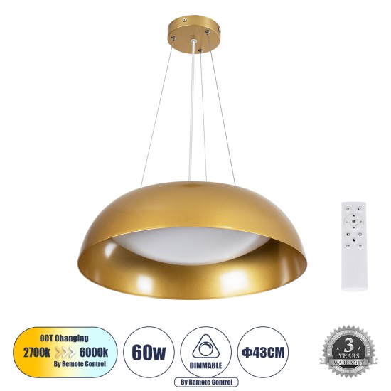 ANATOLIA 61268 Κρεμαστή Πλαφονιέρα Οροφής LED CCT 60W 6900lm 120° AC 220-240V - Εναλλαγή Φωτισμού μέσω Τηλεχειριστηρίου All In One Ψυχρό 6000k+Φυσικό 4500k+Θερμό 2700k Dimmable Φ43cm - Χρυσό - 3 Years Warranty