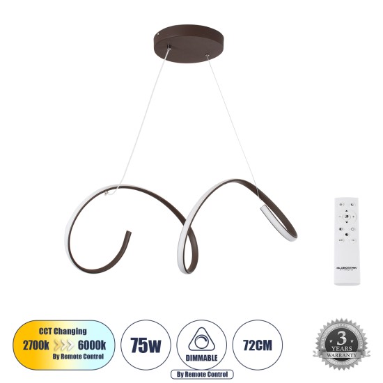 SPIRALE 61287 Κρεμαστό Φωτιστικό Οροφής Design LED CCT 75W 8400lm 300° AC 220-240V - Εναλλαγή Φωτισμού μέσω Τηλεχειριστηρίου All In One Ψυχρό 6000k+Φυσικό 4500k+Θερμό 2700k Dimmable Μ72 x Π25 x Υ30cm - Καφέ - 3 Years Warranty