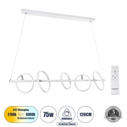 CIRCOLARE 61320 Κρεμαστό Φωτιστικό Οροφής Design LED CCT 75W 8400lm 360° AC 220-240V - Εναλλαγή Φωτισμού μέσω Τηλεχειριστηρίου All In One Ψυχρό 6000k+Φυσικό 4500k+Θερμό 2700k Dimmable Μ120 x Π25 x Υ25cm - Λευκό - 3 Χρόνια Εγγύηση