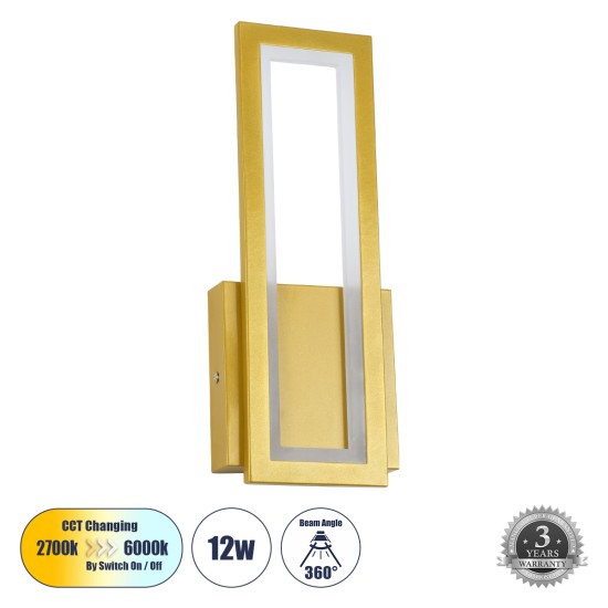 TIARA 61328 Φωτιστικό Τοίχου - Απλίκα Design LED CCT 12W 1440lm 360° AC 220-240V - Εναλλαγή Φωτισμού μέσω Διακόπτη On/Off All In One Ψυχρό 6000k+Φυσικό 4500k+Θερμό 2700k Μ12.5 x Π4 x Υ32cm - Χρυσό - 3 Years Warranty