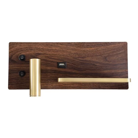 PALADIN 61362 Μοντέρνο Φωτιστικό Τοίχου - Απλίκα Ξενοδοχείου Reading Light με Φορτιστή USB 3A & Wireless 20W LED 6W 720lm 36° & 360° AC 220-240V IP20 Φυσικό Λευκό 4500K - Bridgelux COB Chip & TÜV SÜD Driver - Καφέ & Χρυσό Βούρτσας - Μ30 x 