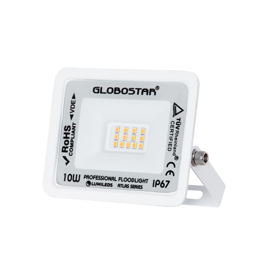 ATLAS 61406 Προβολέας LED 10W 1150lm 120° AC 220-240V Αδιάβροχο IP67 Θερμό Λευκό 2700K - Lumileds SMD Chip - TÜV Rheinland Certified - Λευκό Ματ - Μ10 x Π2 x Υ8cm - 5 Χρόνια Εγγύηση