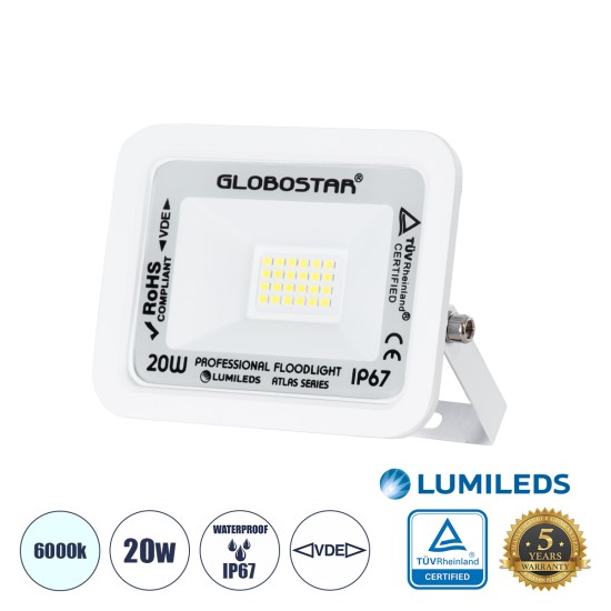 ATLAS 61407 Επαγγελματικός Προβολέας LED 20W 2500lm 120° AC 220-240V - Αδιάβροχος IP67 - Μ12 x Π2.5 x Υ9.5cm - Λευκό - Ψυχρό Λευκό 6000K - LUMILEDS Chips - TÜV Rheinland Certified - 5 Years Warranty