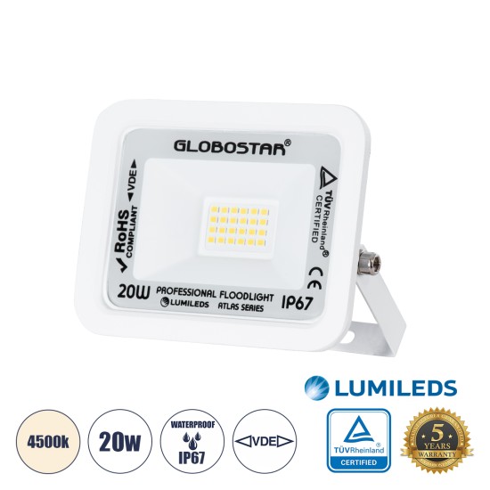 ATLAS 61408 Επαγγελματικός Προβολέας LED 20W 2400lm 120° AC 220-240V - Αδιάβροχος IP67 - Μ12 x Π2.5 x Υ9.5cm - Λευκό - Φυσικό Λευκό 4500K - LUMILEDS Chips - TÜV Rheinland Certified - 5 Years Warranty