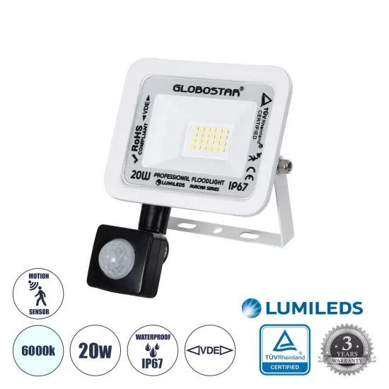 AURORA 61438 Επαγγελματικός Προβολέας LED 20W 2500lm 120° AC 220-240V με Ενσωματωμένο Ρυθμιζόμενο Αισθητήρα Κίνησης PIR - Αδιάβροχος IP67 - Μ12 x Π5 x Υ14.5cm - Λευκό - Ψυχρό Λευκό 6000K - LUMILEDS Chips - TÜV Rheinland Certified - 3 Years Warranty