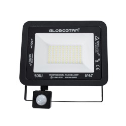 AURORA 61441 Προβολέας με Ανιχνευτή PIR / Αισθητήρα Κίνησης LED 50W 6250lm 120° AC 220-240V Αδιάβροχο IP67 Ψυχρό Λευκό 6000K - Lumileds SMD Chip - TÜV Rheinland Certified - Μαύρο Ματ - Μ21 x Π5 x Υ21cm - 3 Χρόνια Εγγύηση