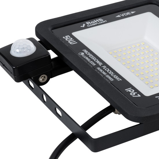 AURORA 61441 Προβολέας με Ανιχνευτή PIR / Αισθητήρα Κίνησης LED 50W 6250lm 120° AC 220-240V Αδιάβροχο IP67 Ψυχρό Λευκό 6000K - Lumileds SMD Chip - TÜV Rheinland Certified - Μαύρο Ματ - Μ21 x Π5 x Υ21cm - 3 Χρόνια Εγγύηση