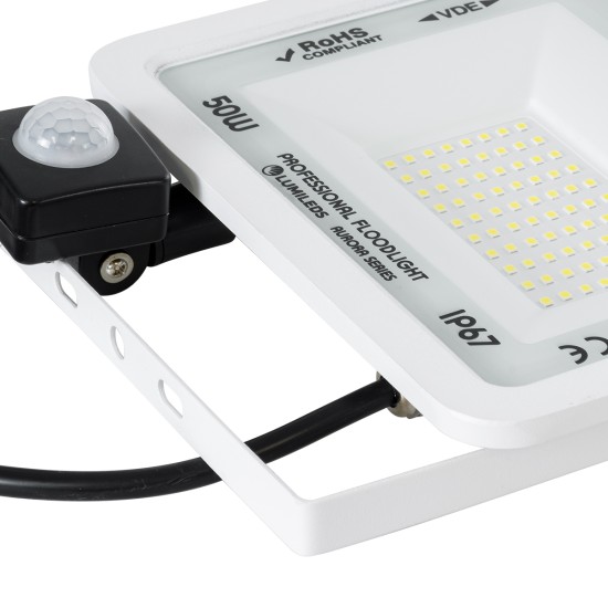 AURORA 61442 Επαγγελματικός Προβολέας LED 50W 6250lm 120° AC 220-240V με Ενσωματωμένο Ρυθμιζόμενο Αισθητήρα Κίνησης PIR - Αδιάβροχος IP67 - Μ21 x Π5 x Υ21cm - Λευκό - Ψυχρό Λευκό 6000K - LUMILEDS Chips - TÜV Rheinland Certified - 3 Years Warranty AURORA 61442 Επαγγελματικός Προβολέας LED 50W 6250lm 120° AC 220-240V με Ενσωματωμένο Ρυθμιζόμενο Αισθητήρα Κίνησης PIR - Αδιάβροχος IP67 - Μ21 x Π5 x Υ21cm - Λευκό - Ψυχρό Λευκό 6000K - LUMILEDS Chips - TÜV Rheinland Certified - 3 Years Warranty