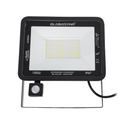 AURORA 61443 Προβολέας με Ανιχνευτή PIR / Αισθητήρα Κίνησης LED 100W 12500lm 120° AC 220-240V Αδιάβροχο IP67 Ψυχρό Λευκό 6000K - Lumileds SMD Chip - TÜV Rheinland Certified - Μαύρο Ματ - Μ25 x Π6.5 x Υ27.5cm - 3 Χρόνια Εγγύηση