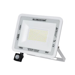 AURORA 61444 Προβολέας με Ανιχνευτή PIR / Αισθητήρα Κίνησης LED 100W 12500lm 120° AC 220-240V Αδιάβροχο IP67 Ψυχρό Λευκό 6000K - Lumileds SMD Chip - TÜV Rheinland Certified - Λευκό Ματ - Μ25 x Π6.5 x Υ27.5cm - 3 Χρόνια Εγγύηση