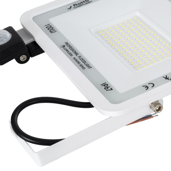 AURORA 61444 Προβολέας με Ανιχνευτή PIR / Αισθητήρα Κίνησης LED 100W 12500lm 120° AC 220-240V Αδιάβροχο IP67 Ψυχρό Λευκό 6000K - Lumileds SMD Chip - TÜV Rheinland Certified - Λευκό Ματ - Μ25 x Π6.5 x Υ27.5cm - 3 Χρόνια Εγγύηση