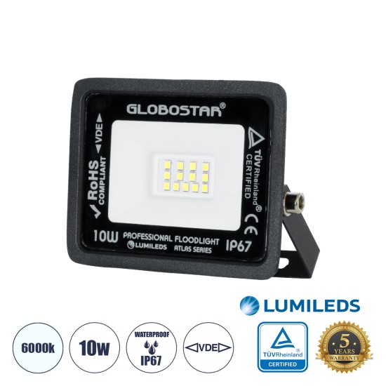 ATLAS 61515 Επαγγελματικός Προβολέας LED 10W 1250lm 120° AC 220-240V - Αδιάβροχος IP67 - Μ10 x Π2 x Υ8cm - Μαύρο - Ψυχρό Λευκό 6000K - LUMILEDS Chips - TÜV Rheinland Certified - 5 Χρόνια Εγγύηση