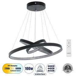 DIAMOND TRIO 61523-DECO Κρεμαστό Φωτιστικό Δαχτυλίδι-Κύκλος LED CCT 100W 11200lm 360° AC 220-240V - Εναλλαγή Φωτισμού μέσω Τηλεχειριστηρίου All In One Ψυχρό 6000k+Φυσικό 4500k+Θερμό 2700k Dimmable Φ25+40+60cm - Μαυρο - 3 Χρόνια Εγγύηση