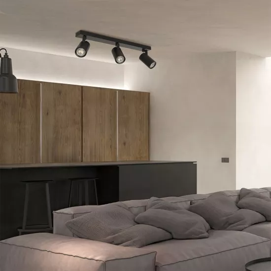 kelvo® SPOTA KLV-101-0138 Κινούμενο Φωτιστικό Σποτ Οροφής για 3 Λάμπες MR16 με Ντουί GU10 AC 220-240V IP20 - Μαύρο Ματ - Μ48 x Π6.2 x Υ14cm