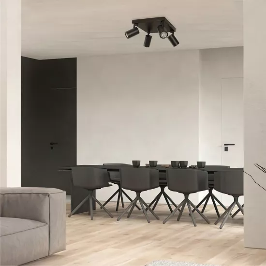 kelvo® SPOTA KLV-101-0146 Κινούμενο Φωτιστικό Σποτ Οροφής για 4 Λάμπες MR16 με Ντουί GU10 AC 220-240V IP20 - Μαύρο Ματ - Μ26 x Π26 x Υ14cm