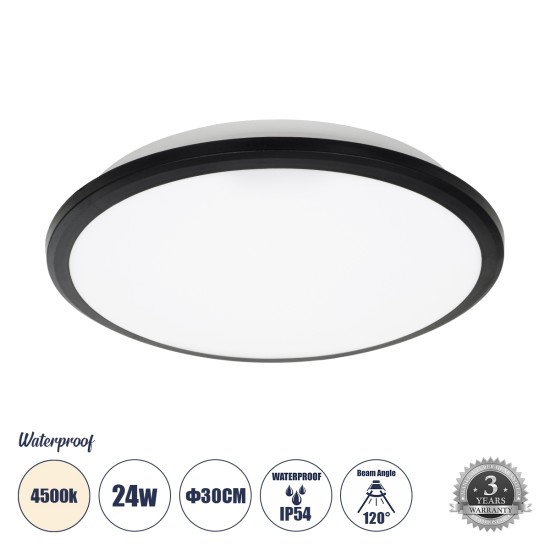 TUFFIN 60997 Πλαφονιέρα Οροφής LED 24W 2640lm 120° AC 220-240V Αδιάβροχη IP54 Φ30 x Υ6.5cm Φυσικό Λευκό 4500K - Μαύρο - Bridgelux Chips - 3 Years Warranty