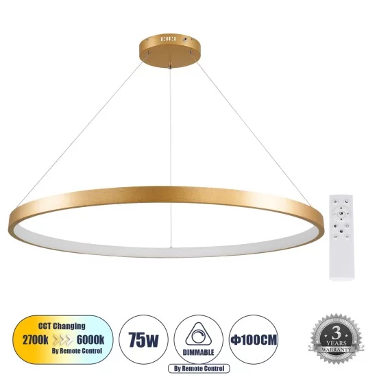 NEMESIS 61166 Μοντέρνο Κρεμαστό Φωτιστικό Οροφής LED 75W 8743lm 360° AC 220-240V IP20 Ρυθμιζόμενο Λευκό CCT με Χειριστήριο από 2700K έως 6000K Dimmable - Lumileds SMD Chip - Χρυσό Βούρτσας - Μ100 x Π100 x Υ4cm - 3 Χρόνια Εγγύηση