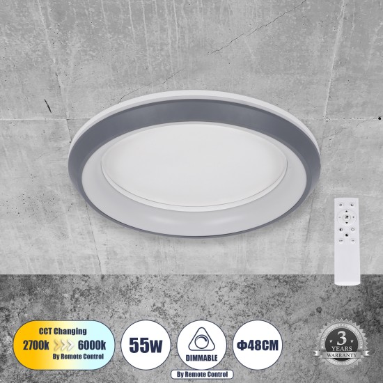 MELINA 61042 Πλαφονιέρα Οροφής Κύκλος LED CCT 55W 6376lm 120° AC 220-240V - Εναλλαγή Φωτισμού μέσω Τηλεχειριστηρίου All In One Ψυχρό Λευκό 6000k+Φυσικό Λευκό 4500k+Θερμό Λευκό 2700k Dimmable Φ48cm - Ανθρακί - 3 Years Warranty