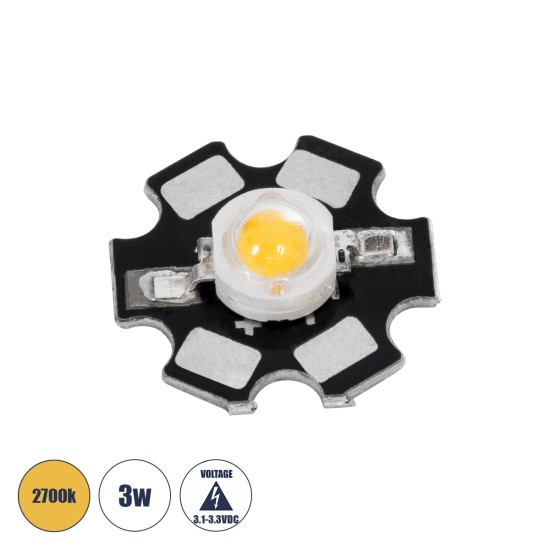 73744 High Power Star LED - Υψηλής Ισχύος Star LED 3W DC 3.2V Θερμό Λευκό 2700K Φ2 x Υ0.6cm - 2 Χρόνια Εγγύηση