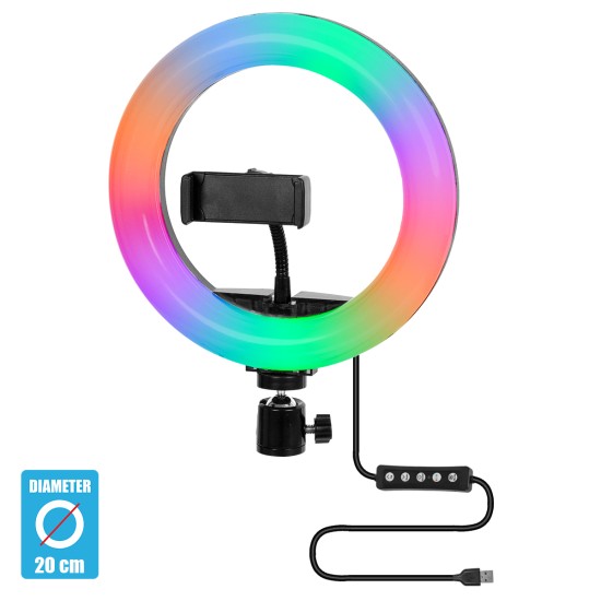 75800 Professional Digital Ring Light Φ20cm LED SMD 20W 2000lm 180° DC 5V με Καλώδιο Τροφοδοσίας USB - Ενσωματωμένο Χειριστήριο Εναλλαγής Χρωμάτων & 1 Βάση Τηλεφώνου - Πολύχρωμο RGBW+WW Dimmable